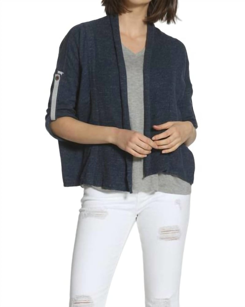 Front of a model wearing a size L Tab Sleeve Cardigan in Navy in Navy by LABEL+thread. | dia_product_style_image_id:340346